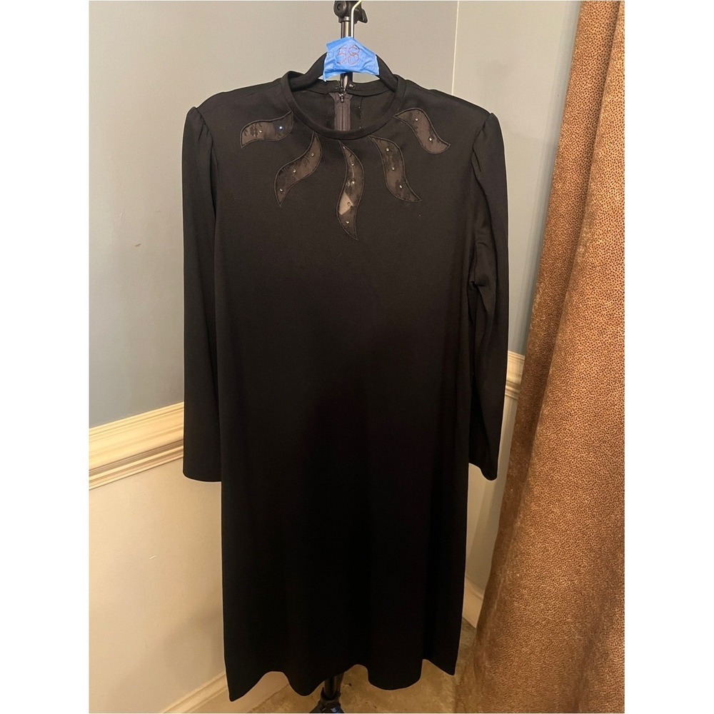 Black Long-Sleeve Midi Dress with Sheer Petal Neck Detail Vintage
